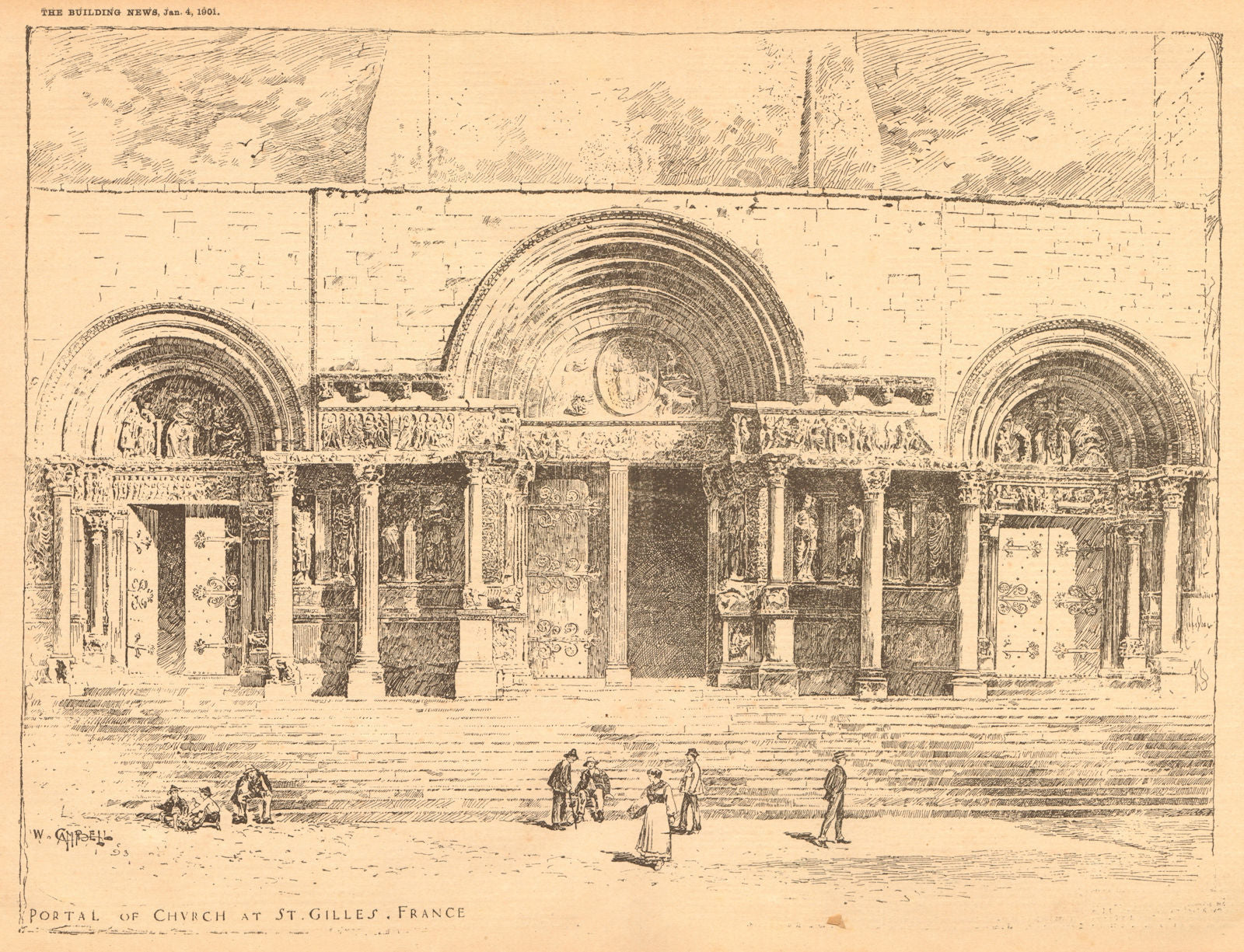 Portal of church at St. Gilles, France 1901 old antique vintage print picture